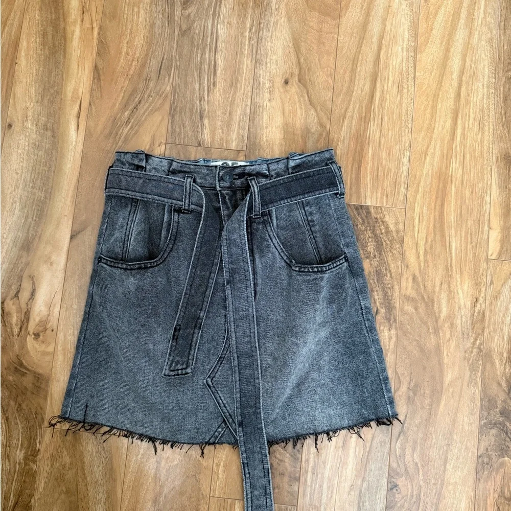 We The Free Washed Black Denim Mini Skirt with Tie Waist